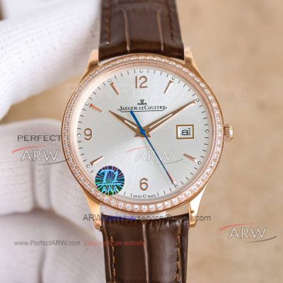 AAA Swiss Grade Jaeger-LeCoultre Master Rose Gold Diamond Bezel Ultra-Thin Leather Strap Watch 